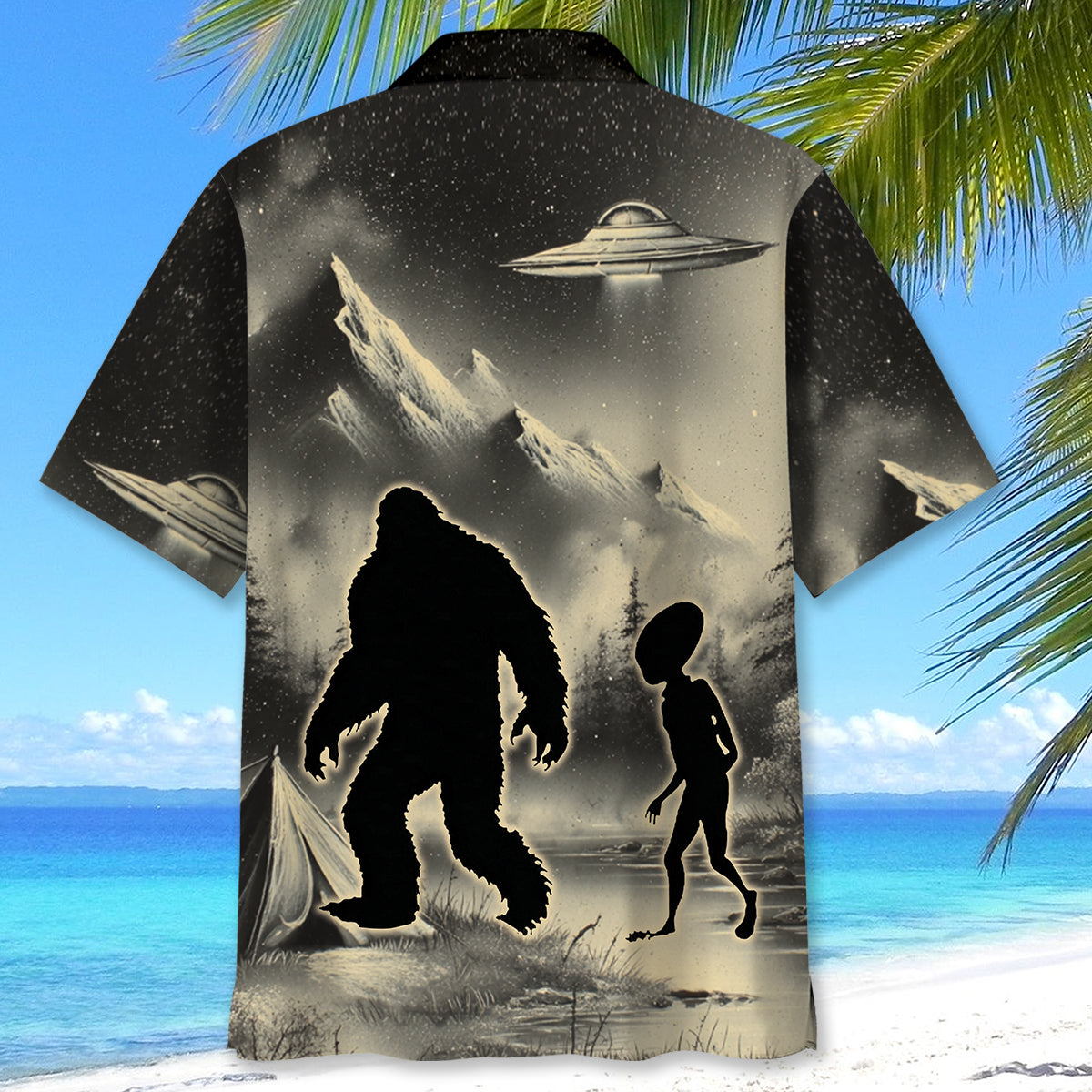 Mysterious Bigfoot and Alien at Campsite Hawaiian - L - hawaiian shirt