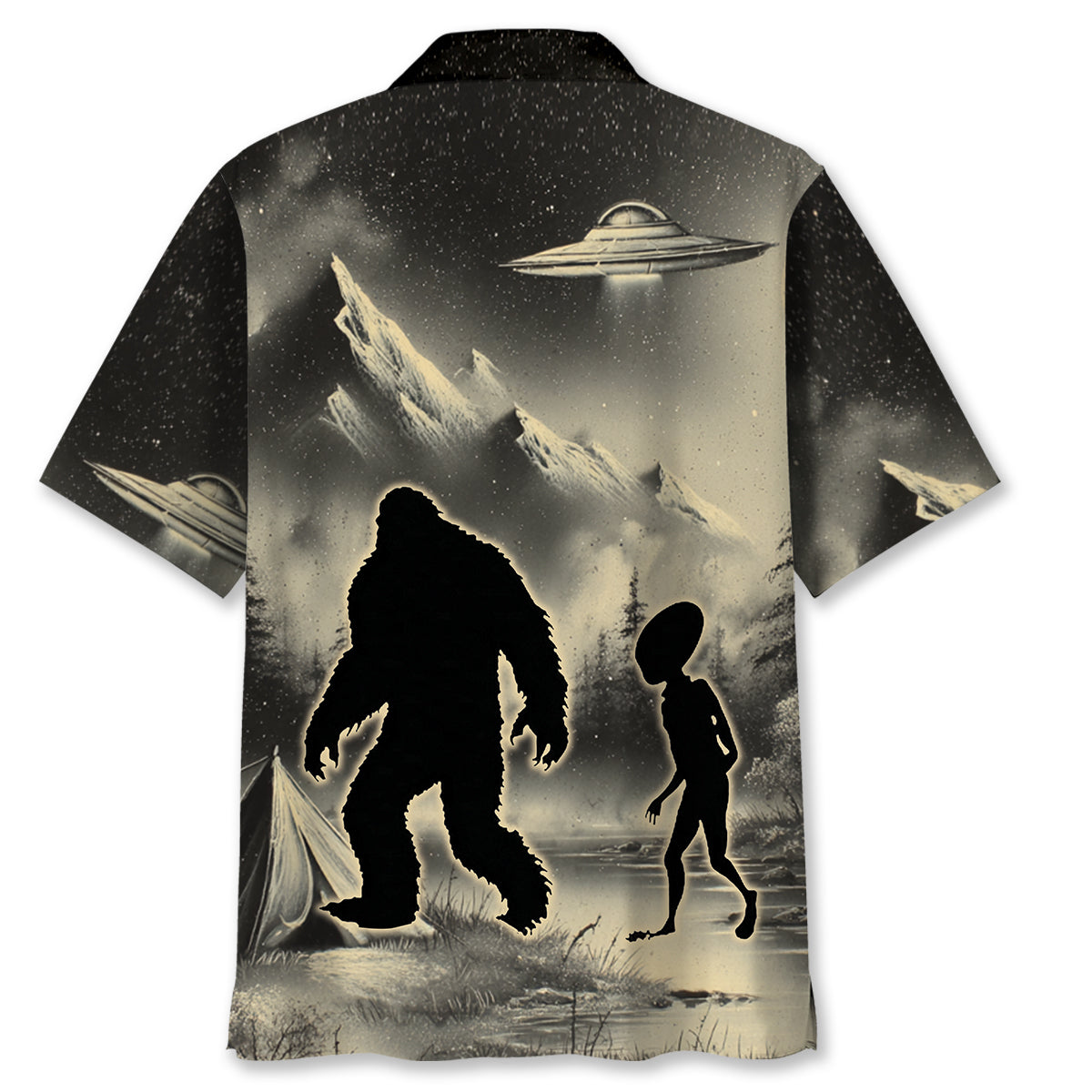 Mysterious Bigfoot and Alien at Campsite Hawaiian - XL - hawaiian shirt