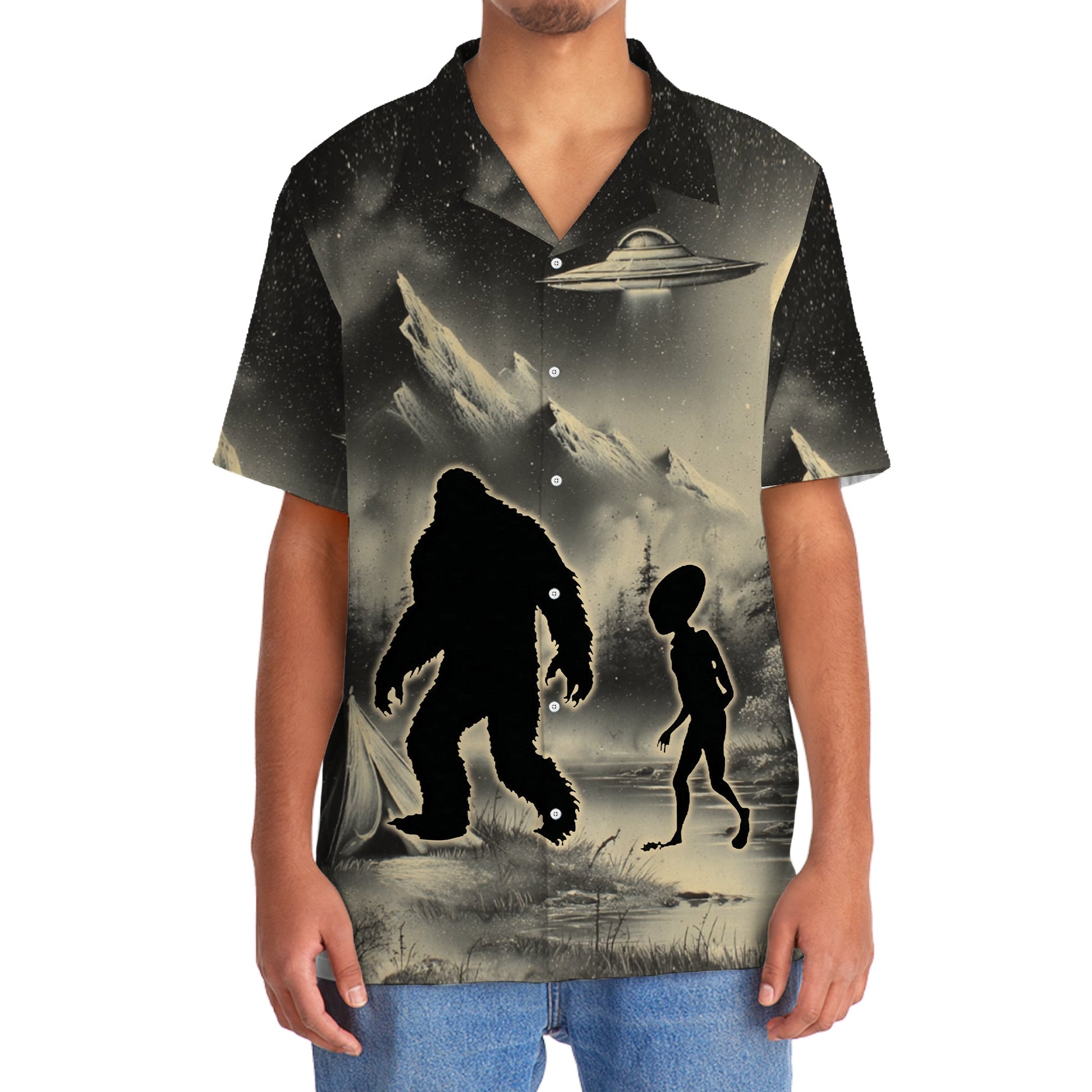 Mysterious Bigfoot and Alien at Campsite Hawaiian - 2XL - hawaiian shirt
