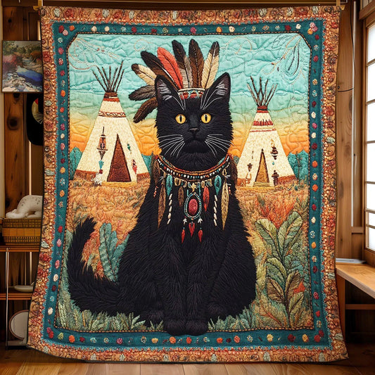 Native Black Cat Quilt Blanket