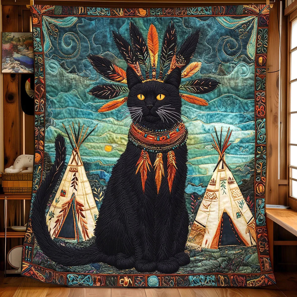 Native Cat Quilt Blanket