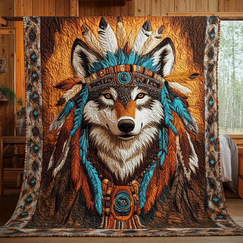 Native Warrior Wolf Quilt Blanket