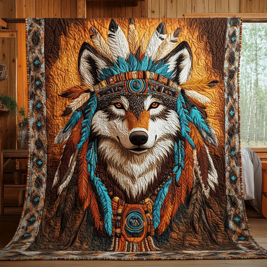 Native Warrior Wolf Quilt Blanket