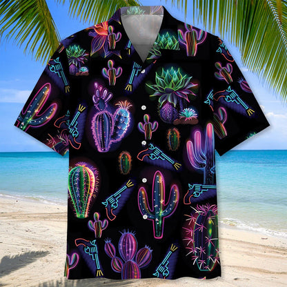 Neon Cactus Black Hawaiian Shirt, custom shirt gift for men