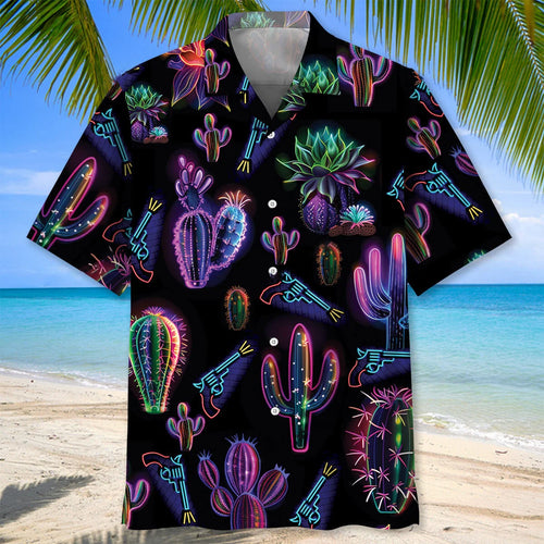 Neon Cactus Black Hawaiian Shirt, custom shirt gift for men