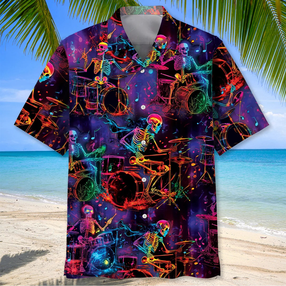 Neon Drum Skeleton Hawaiian Shirt, custom shirt gift for men (view 2)
