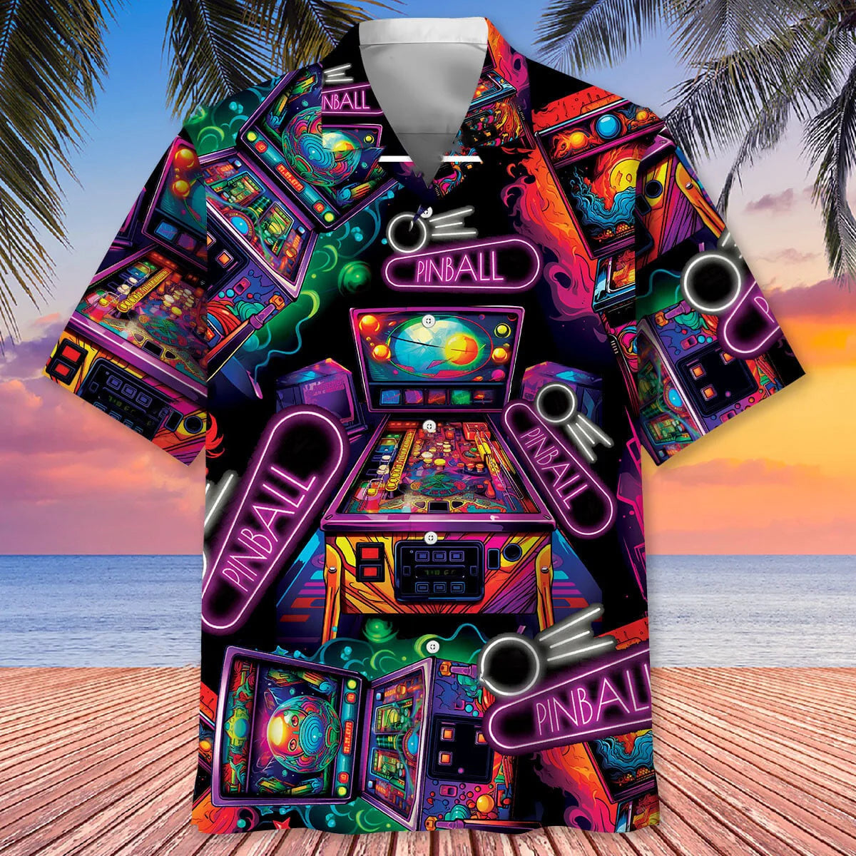 Neon Pinball Arcade Hawaiian Shirt, custom shirt gift for men