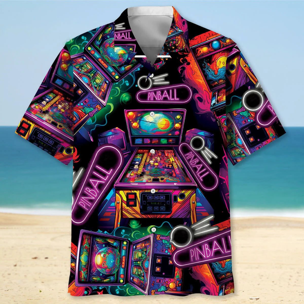 Neon Pinball Arcade Hawaiian Shirt, custom shirt gift for men (view 2)