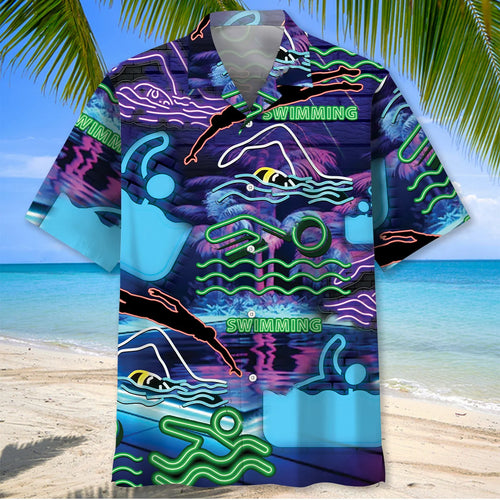 Neon Style Swimming Lover Hawaiian Shirt, custom shirt gift for men
