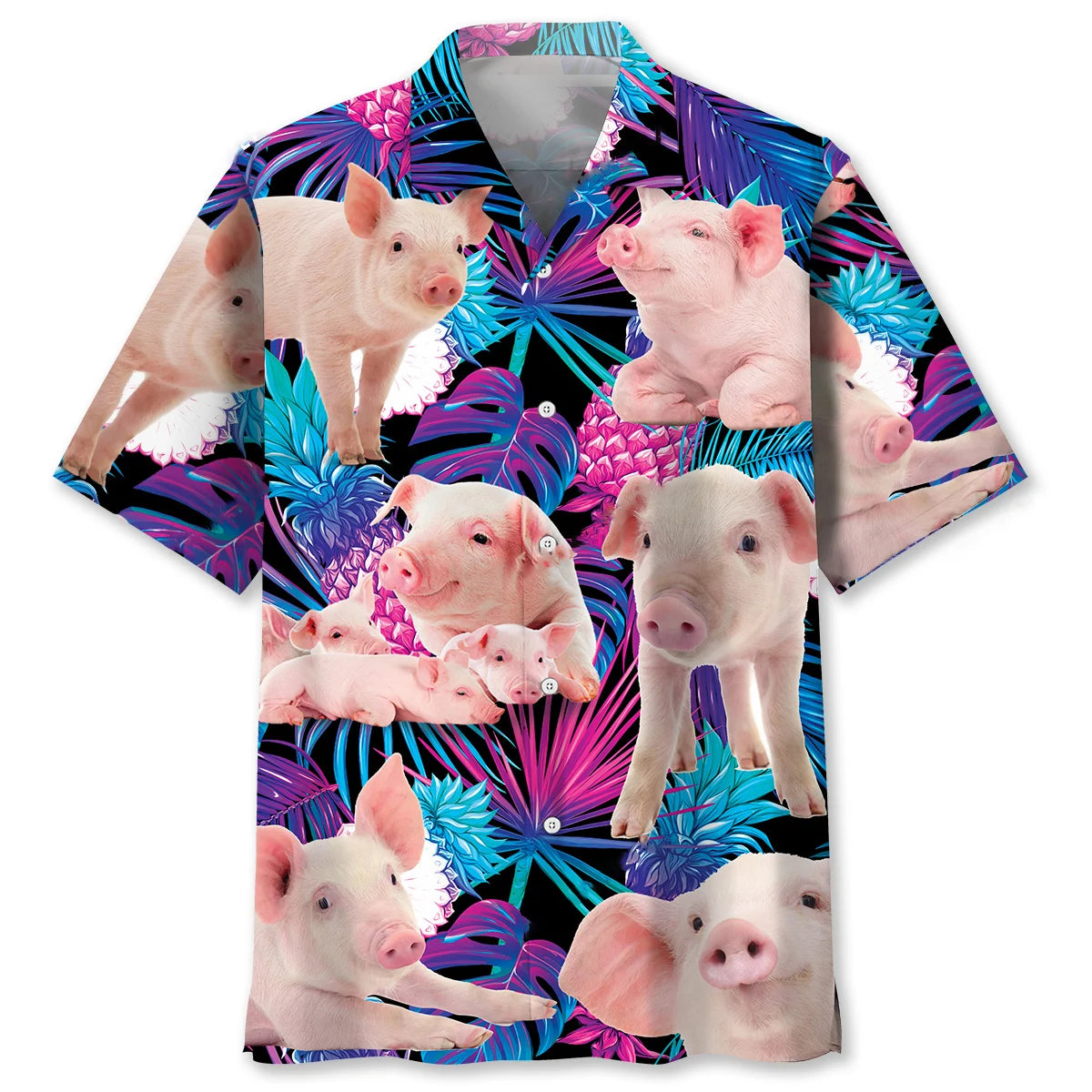 Neon Tropical Pig Hawaiian Shirt, custom shirt gift for men (view 2)