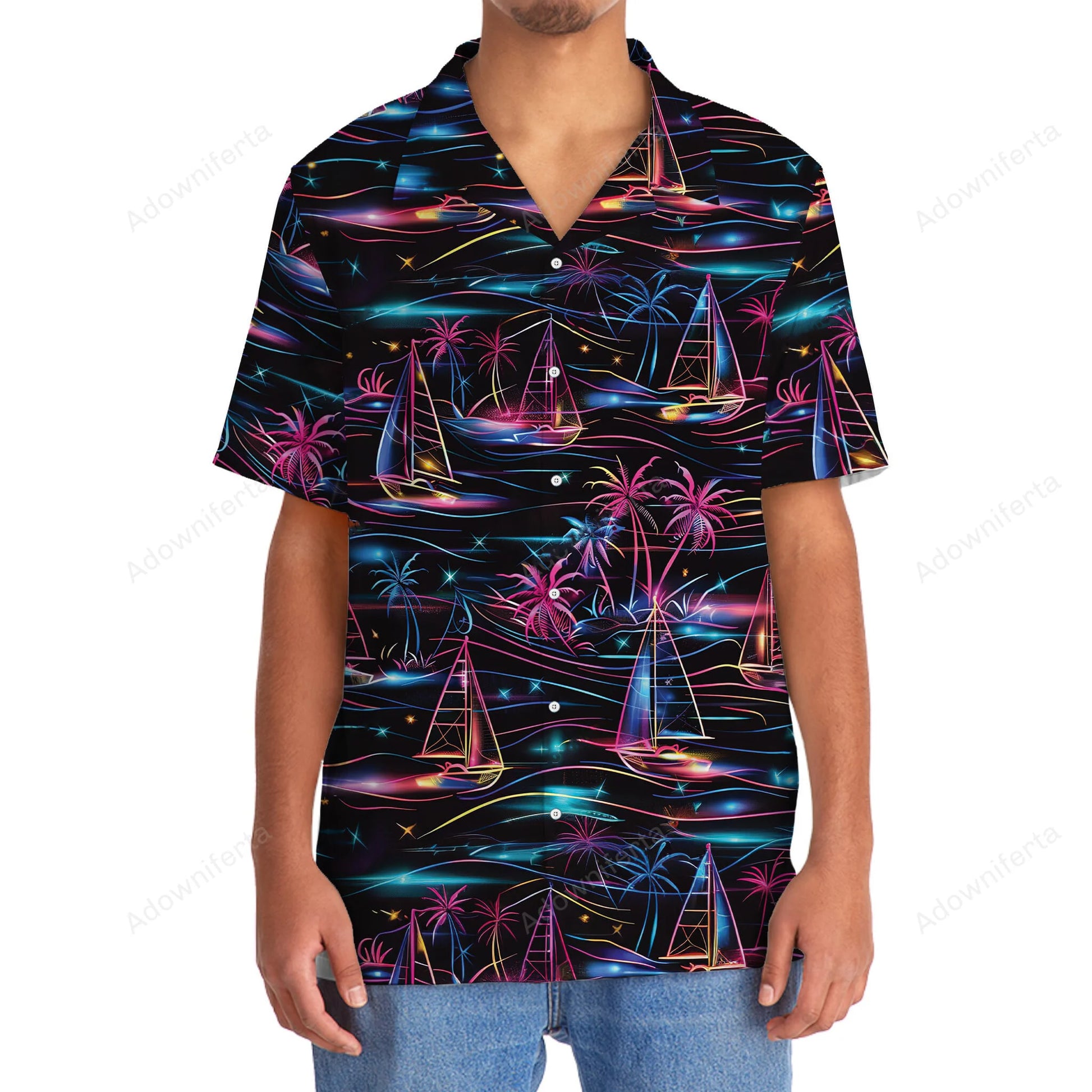 Neon Tropical Sailboat Hawaiian Shirt, custom shirt gift for men