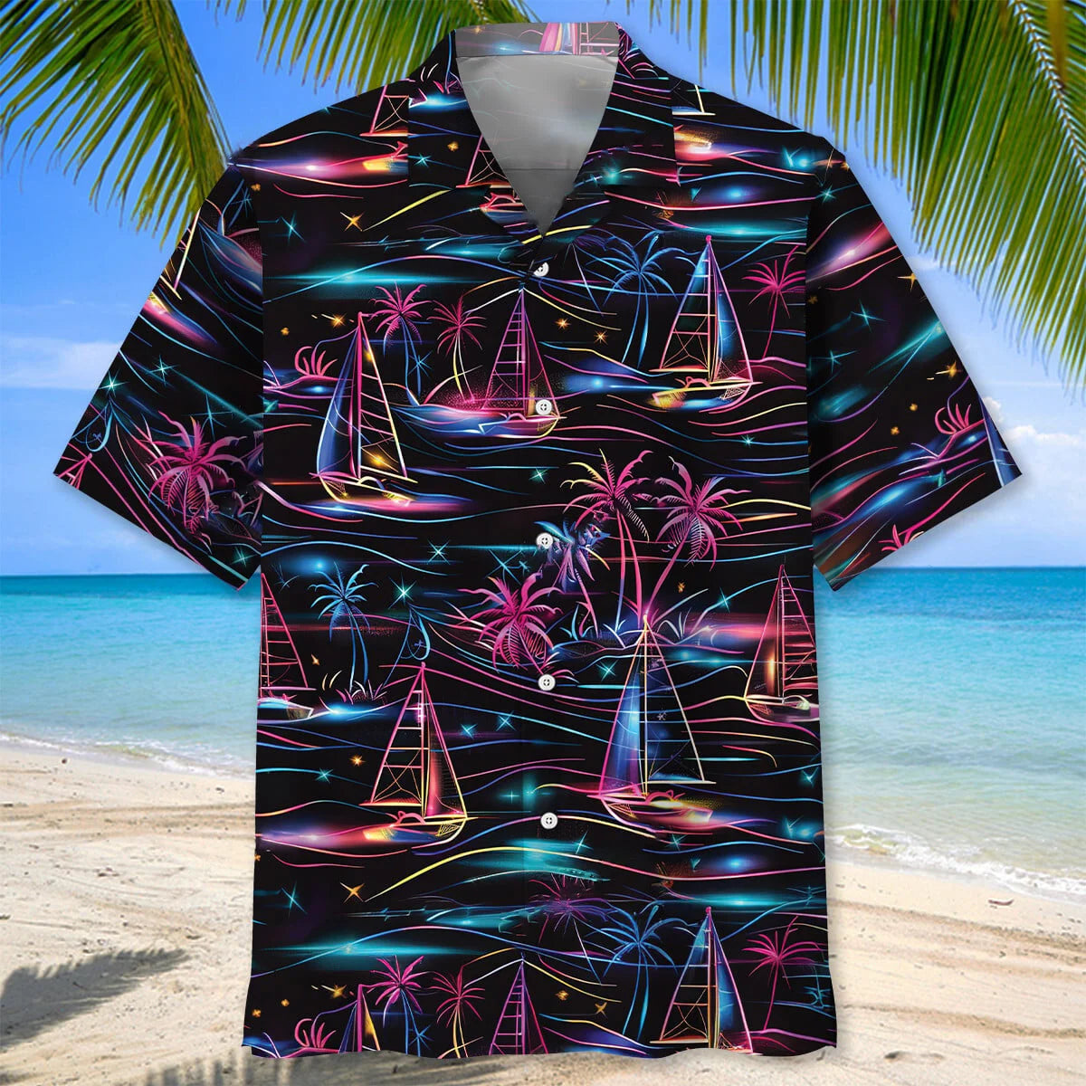 Neon Tropical Sailboat Hawaiian Shirt, custom shirt gift for men (view 2)
