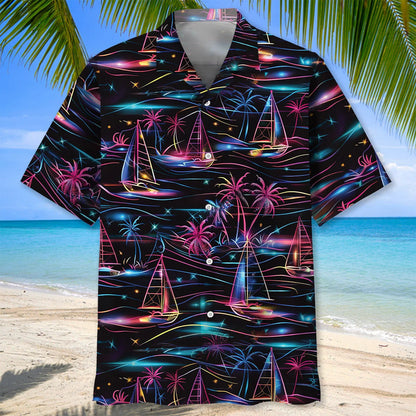 Neon Tropical Sailboat Hawaiian Shirt, custom shirt gift for men (view 2)