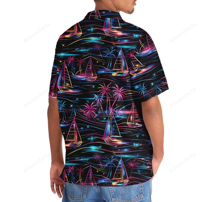 Neon Tropical Sailboat Hawaiian Shirt, custom shirt gift for men (view 3)