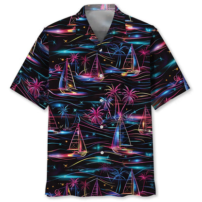 Neon Tropical Sailboat Hawaiian Shirt, custom shirt gift for men (view 4)