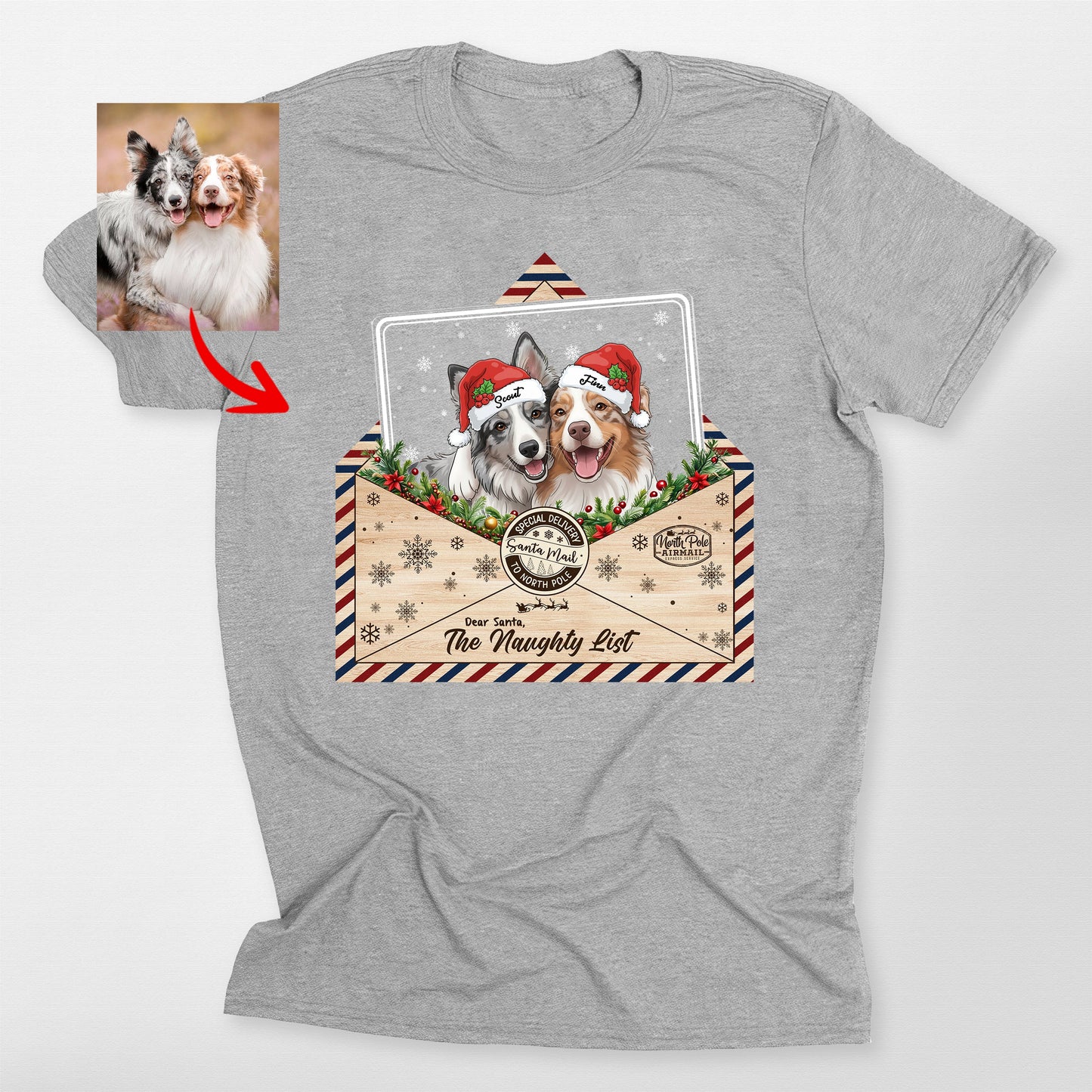 Christmas Envelope to Santa Custom Dog Bella Canvas, custom pet portrait gift for pet lovers