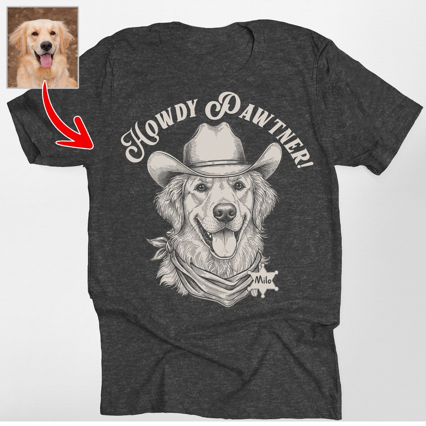Custom Cowboy Dog Sketch Bella Canvas T-Shirt, custom pet portrait gift for pet lovers (view 2)