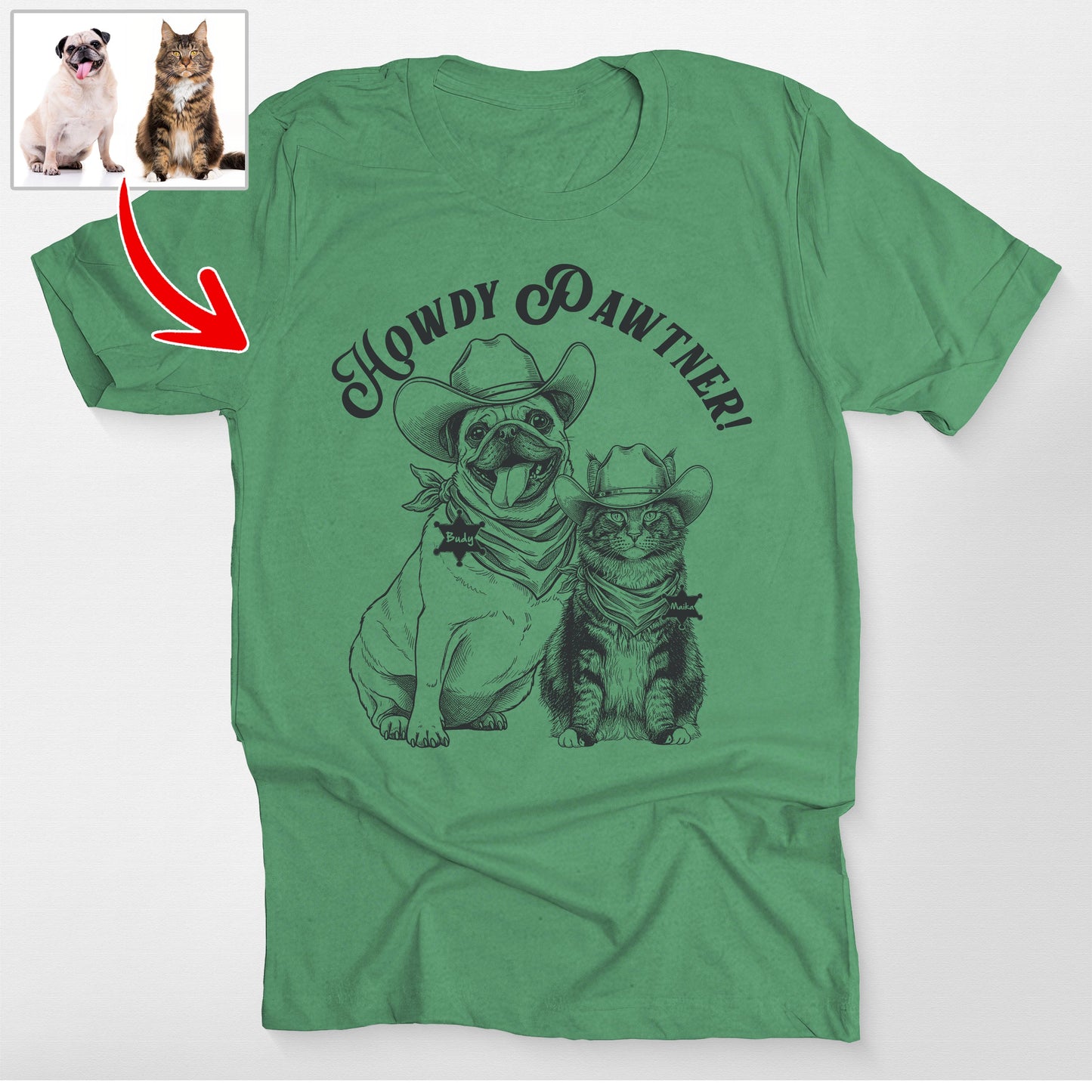Custom Cowboy Dog Sketch Bella Canvas T-Shirt, custom pet portrait gift for pet lovers (view 4)