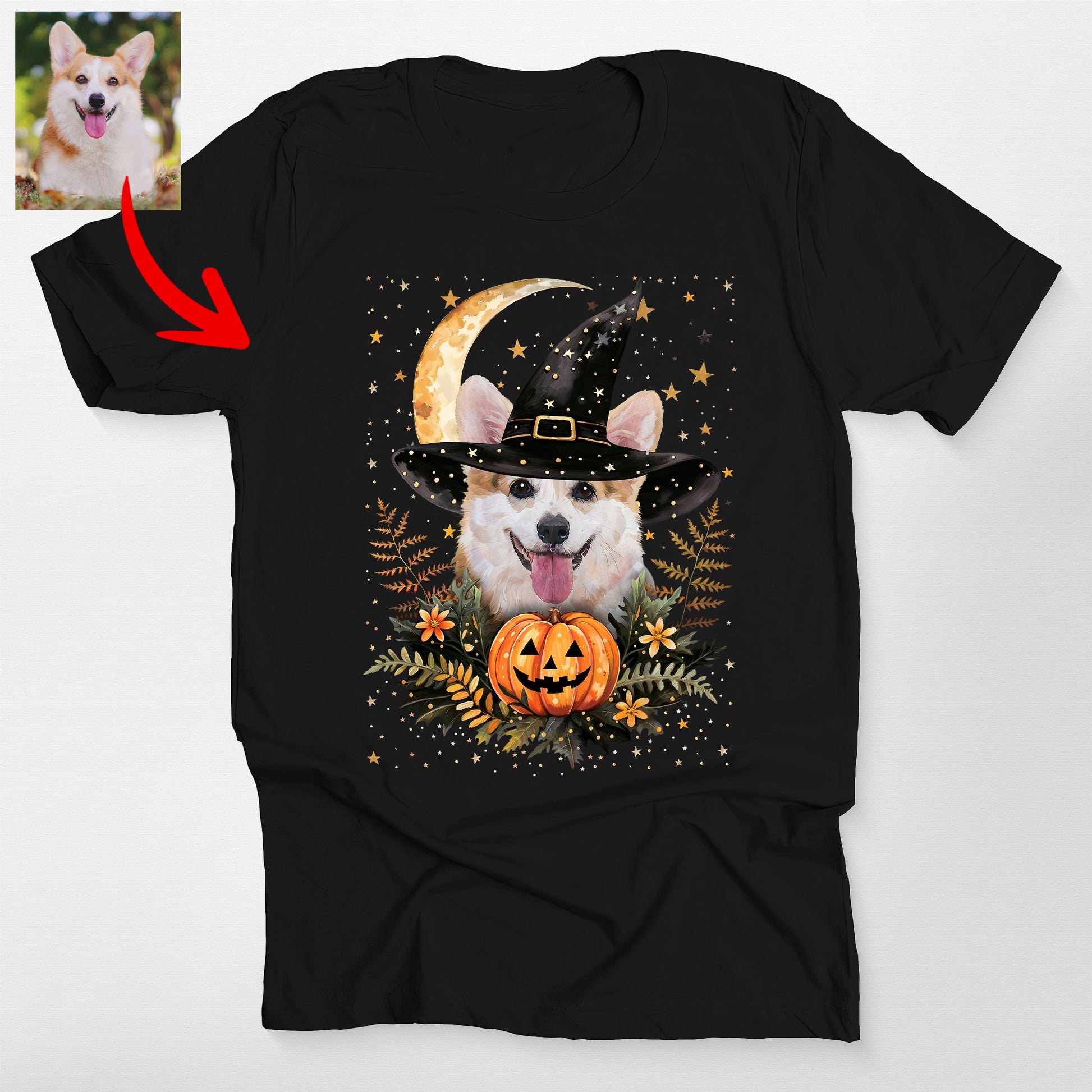 Custom Dog Bella Canvas Halloween T-Shirt Witc, custom pet portrait gift for pet lovers