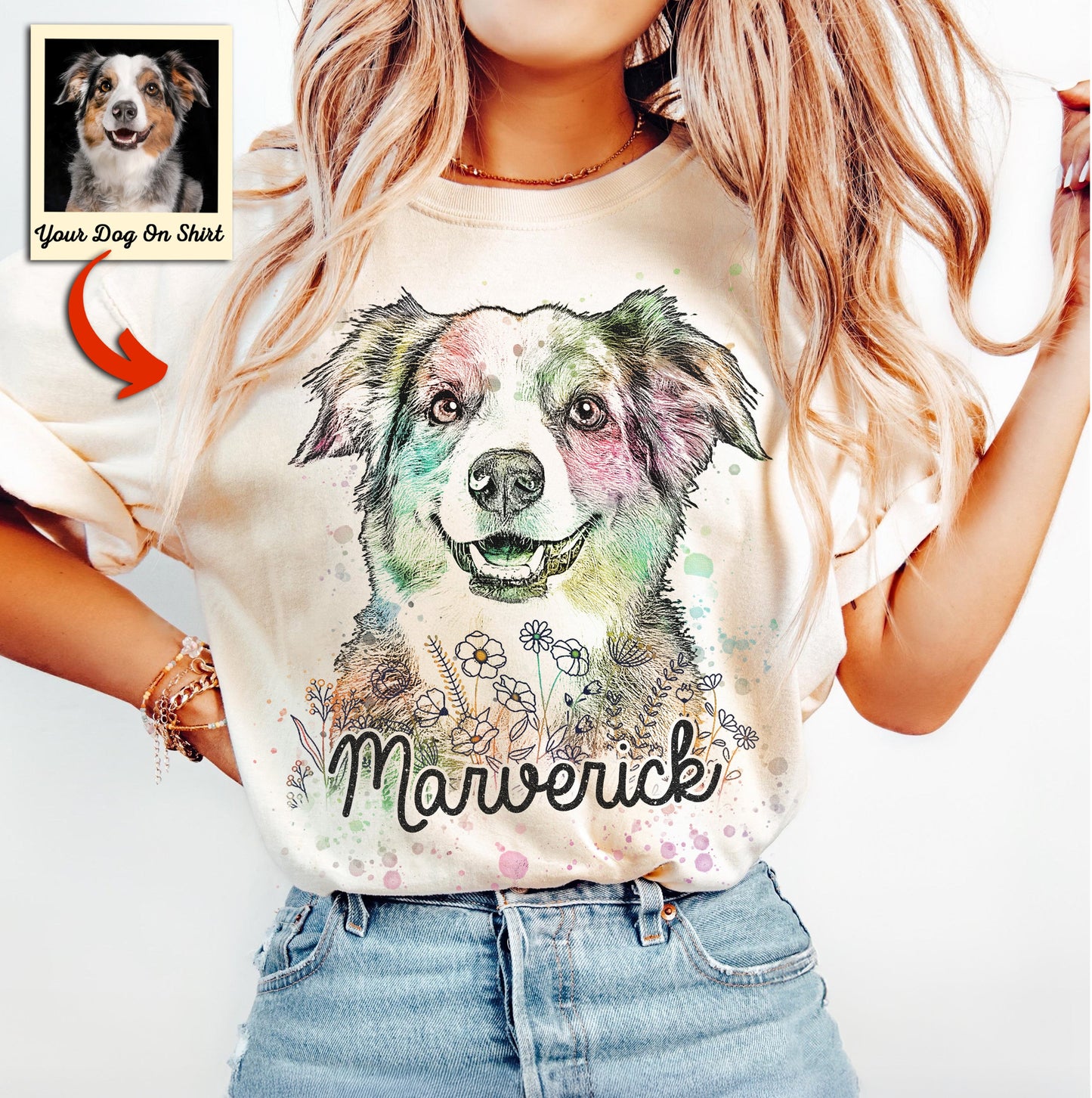 Custom Dog Portrait Watercolor Flowers Bella Canvas, custom pet portrait gift for pet lovers (view 7)