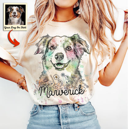 Custom Dog Portrait Watercolor Flowers Bella Canvas, custom pet portrait gift for pet lovers (view 7)