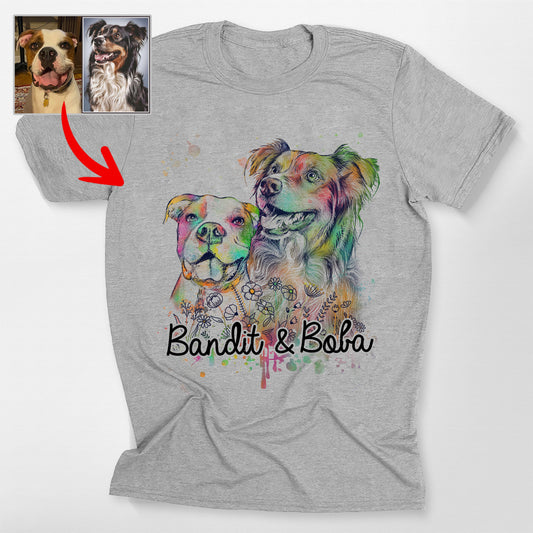 Custom Dog Portrait Watercolor Flowers Bella Canvas, custom pet portrait gift for pet lovers