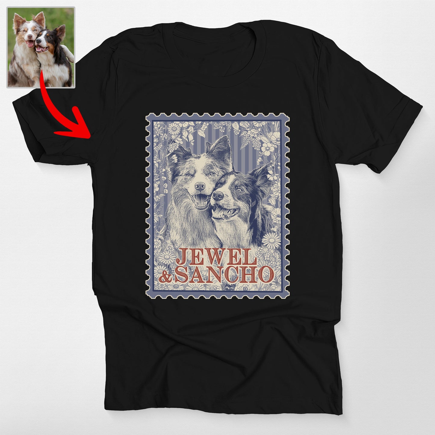 Custom Dog Sketch in Floral Stamp Bella Canvas, custom pet portrait gift for pet lovers (view 2)