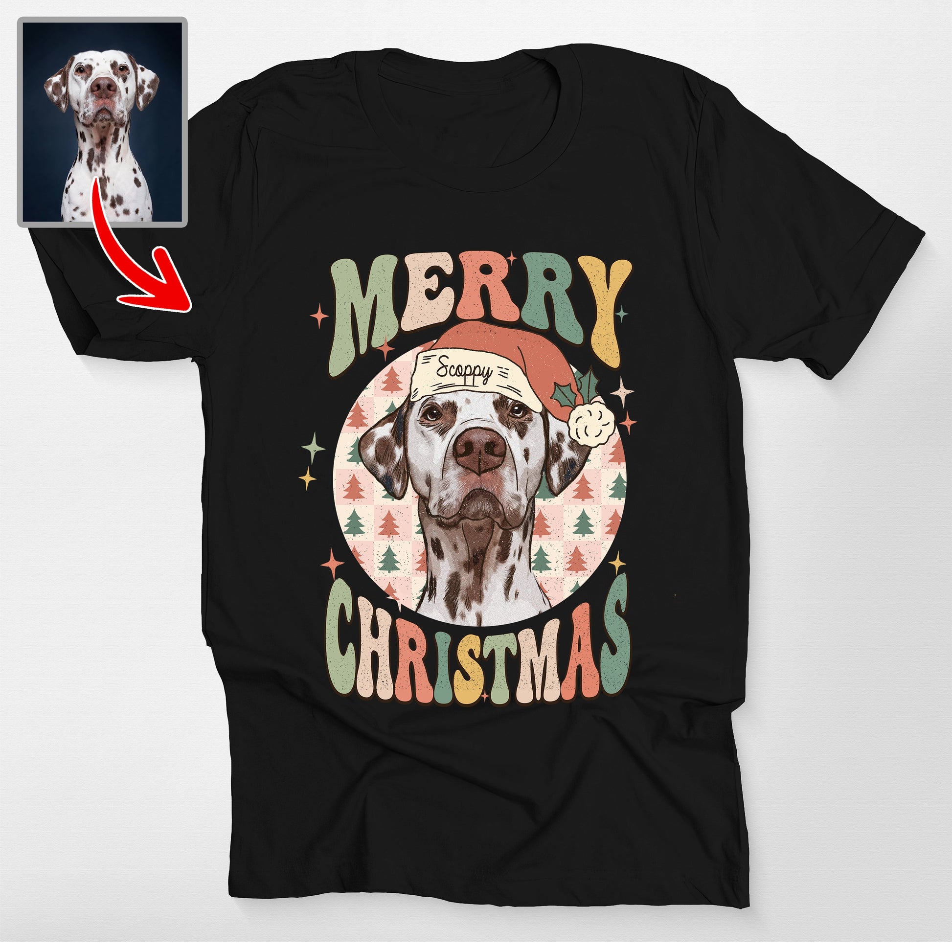 Custom Dogface Checkered Merry Christmas Bella, custom pet portrait gift for pet lovers