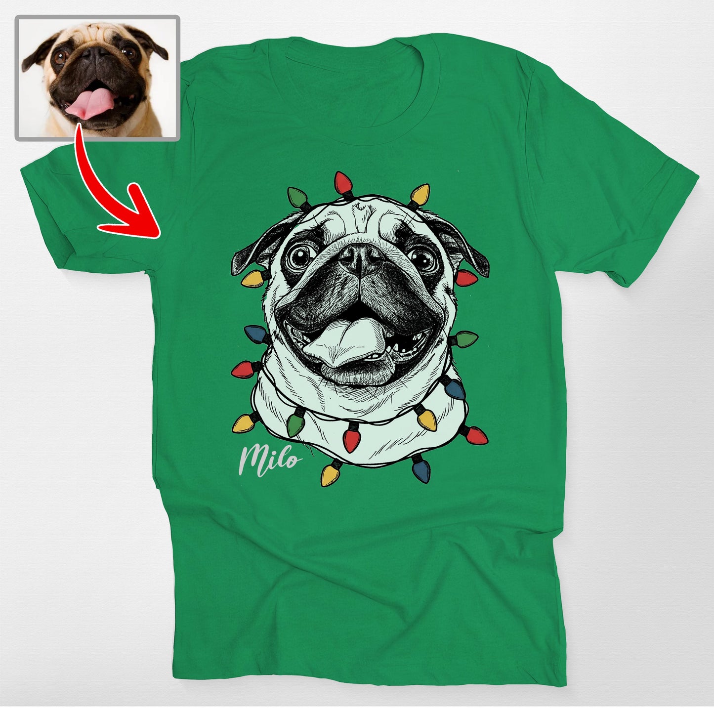 Custom Dogface Christmas Bella Canvas T-Shirt, custom pet portrait gift for pet lovers (view 3)