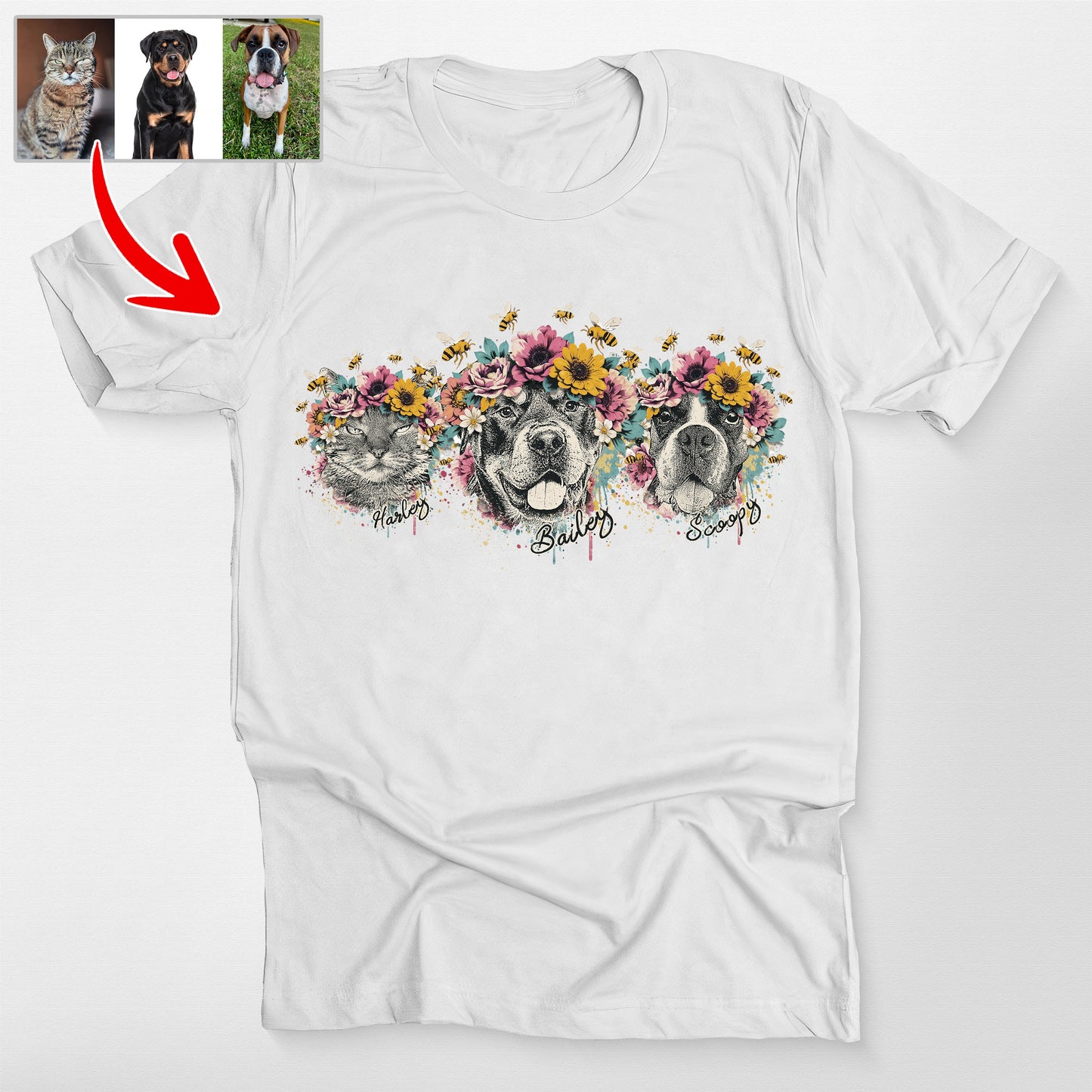Custom Dogface Flowers Bella Canva T-Shirt, custom pet portrait gift for pet lovers (view 4)