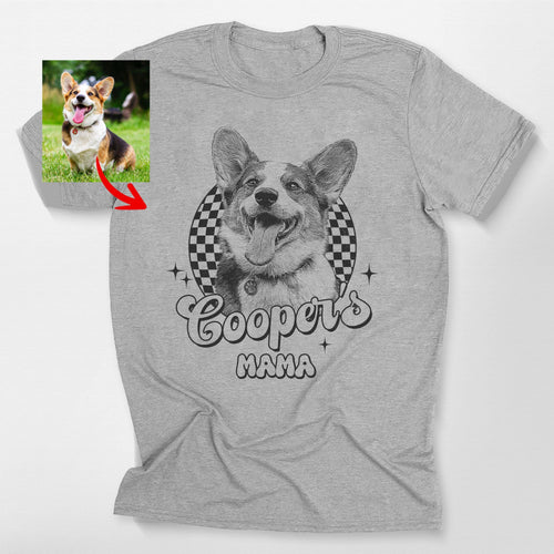 Custom Dogface with Groovy Checkered Style T-Shirt, custom pet portrait gift for pet lovers