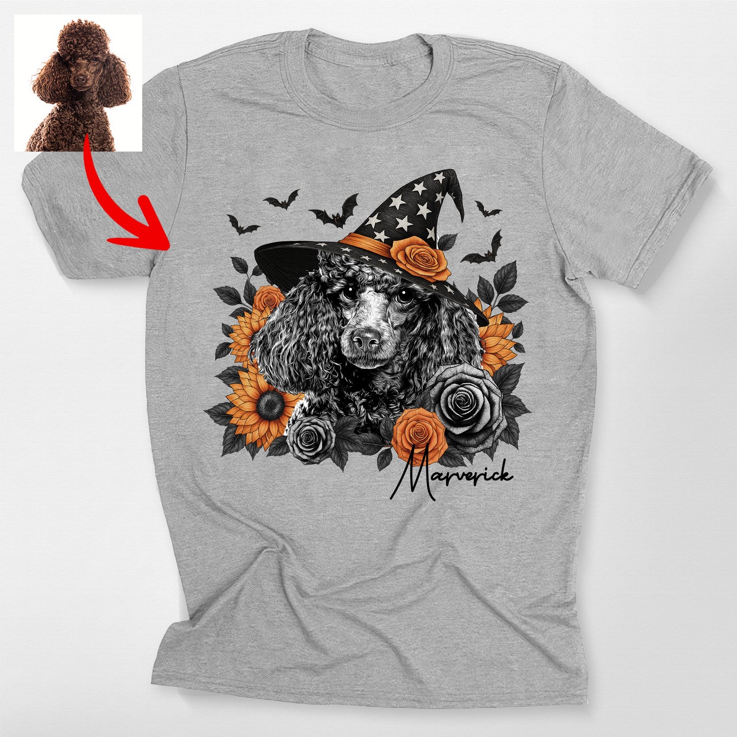 Custom Halloween Witch Dog Flowers Bella Canva, custom pet portrait gift for pet lovers