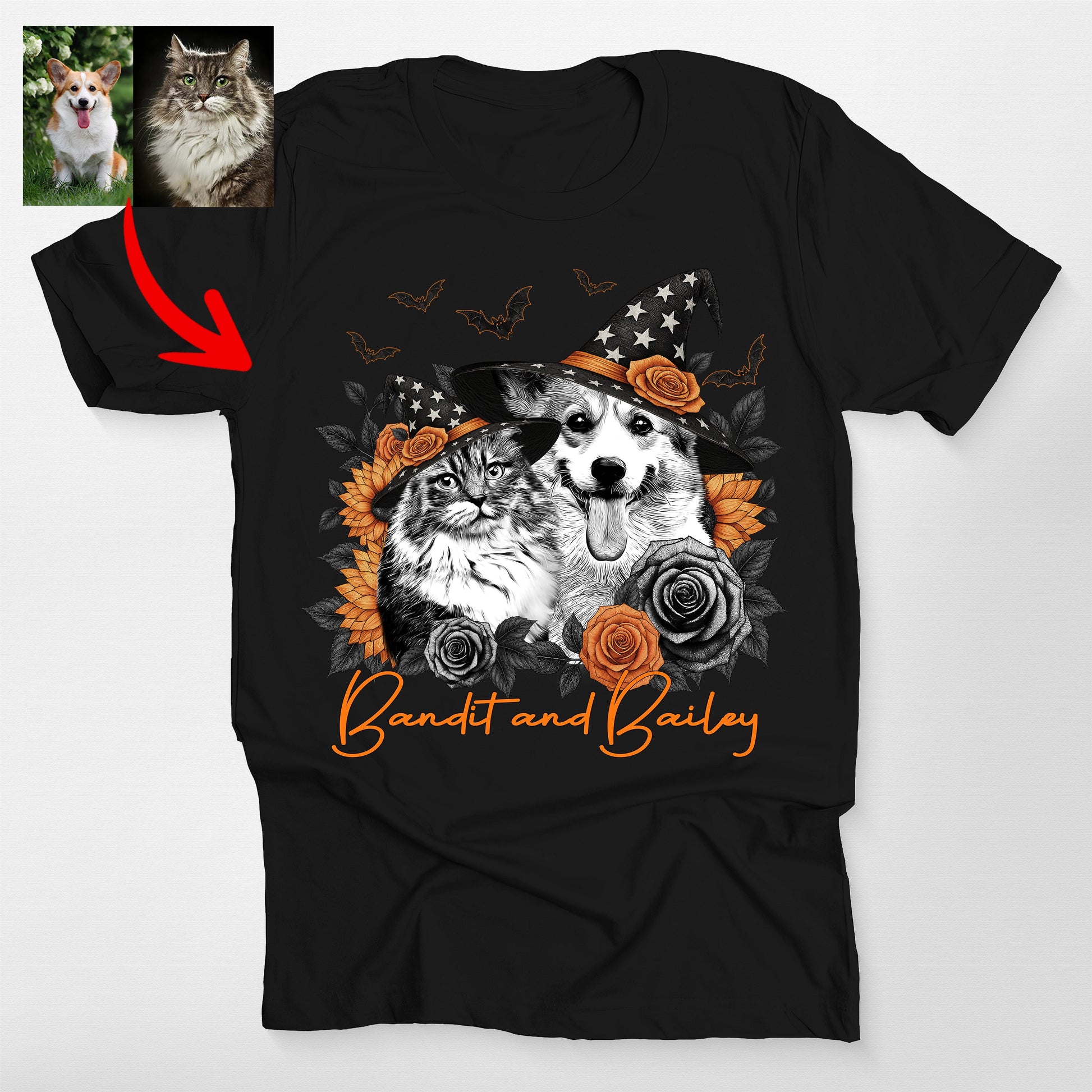 Custom Halloween Witch Dog Flowers Bella Canva, custom pet portrait gift for pet lovers (view 2)
