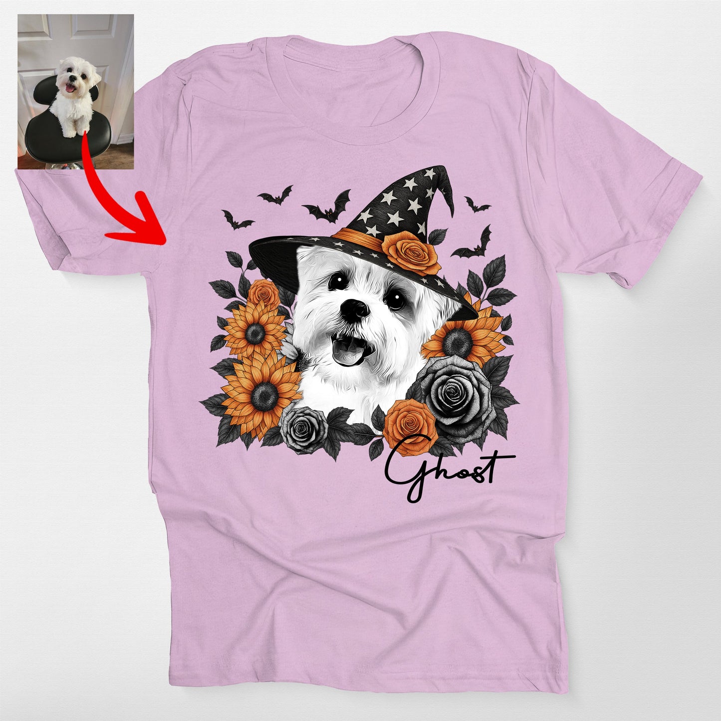 Custom Halloween Witch Dog Flowers Bella Canva, custom pet portrait gift for pet lovers (view 3)