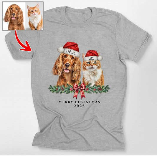 Custom Merry Christmas Pet Bella Canvas T-Shirt, custom pet portrait gift for pet lovers