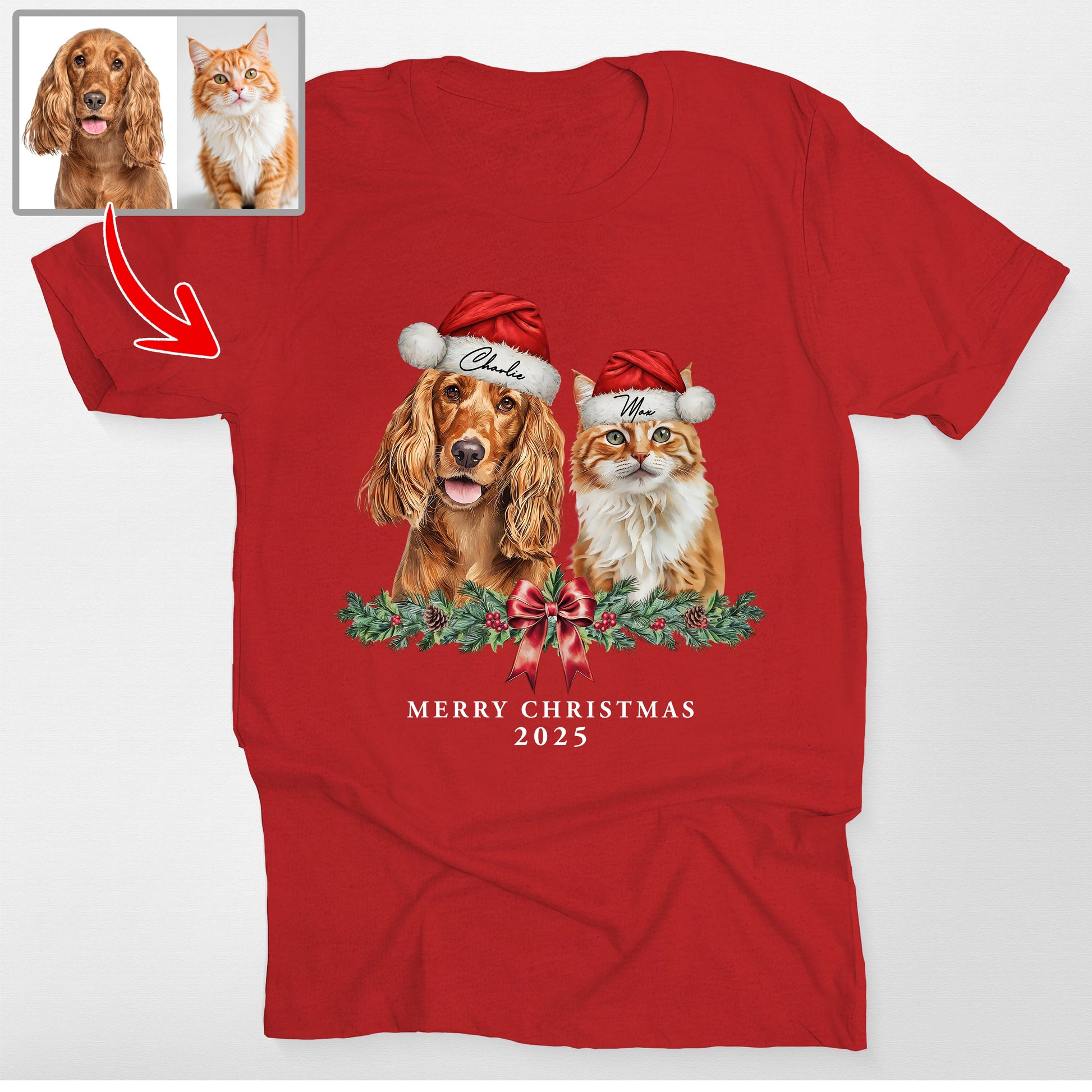Custom Merry Christmas Pet Bella Canvas T-Shirt, custom pet portrait gift for pet lovers (view 4)