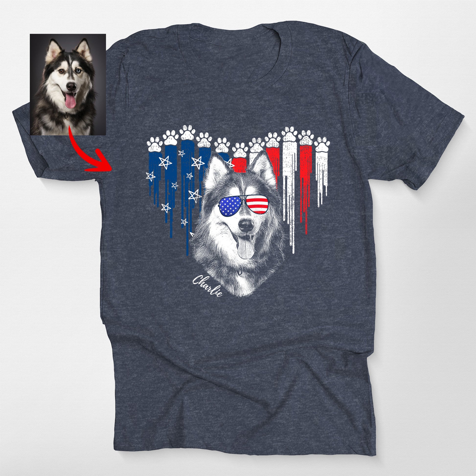 Custom Patriotic Dog Shirt with Heart Design B, custom pet portrait gift for pet lovers (view 3)