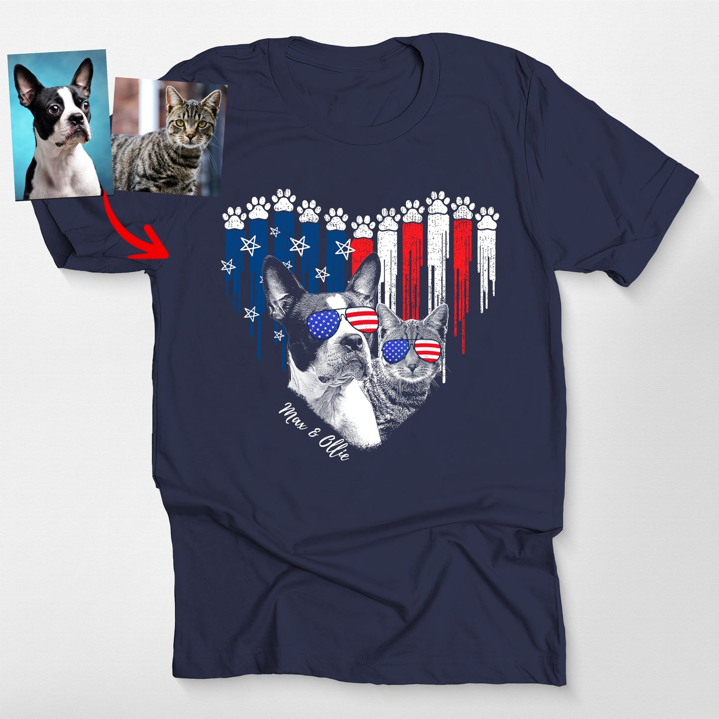 Custom Patriotic Dog Shirt with Heart Design B, custom pet portrait gift for pet lovers (view 6)