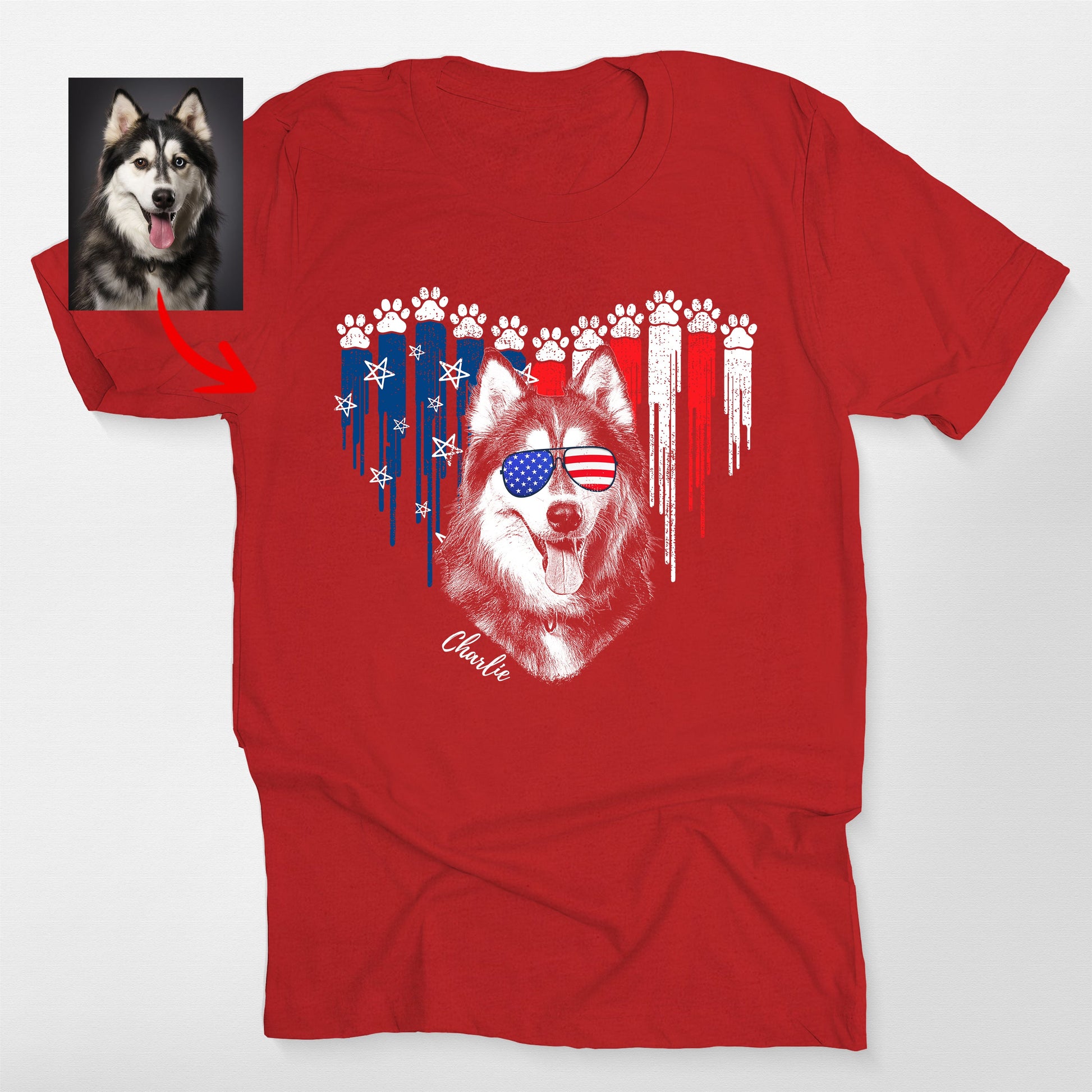Custom Patriotic Dog Shirt with Heart Design B, custom pet portrait gift for pet lovers (view 8)