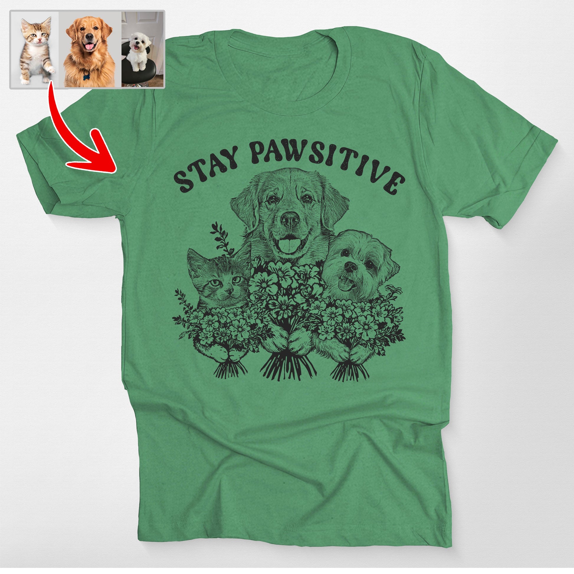 Custom Sketch Dogface Stay Pawsitive Bella Canvas, custom pet portrait gift for pet lovers (view 3)