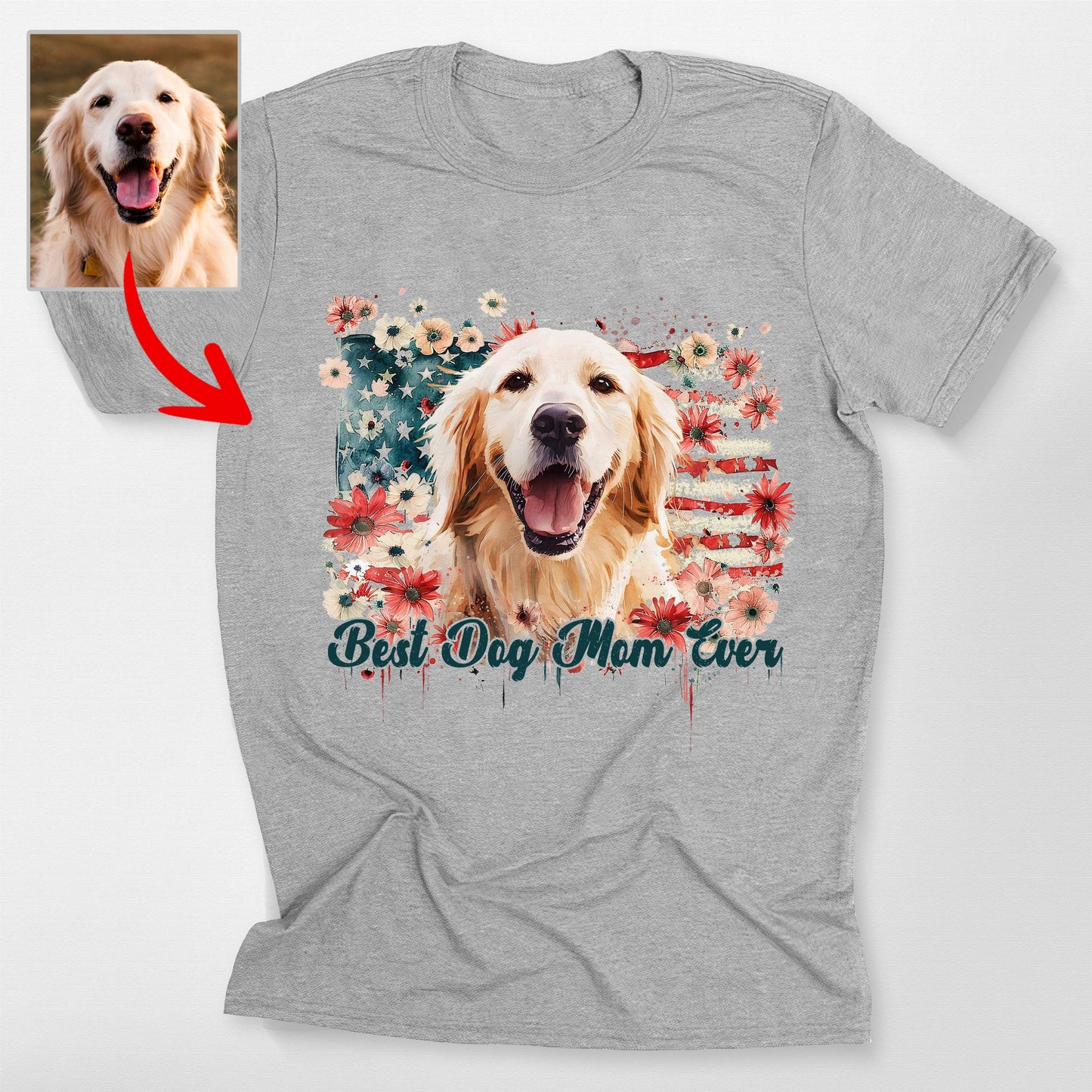 Flora Custom Dogface with America Flag T-Shirt, custom pet portrait gift for pet lovers