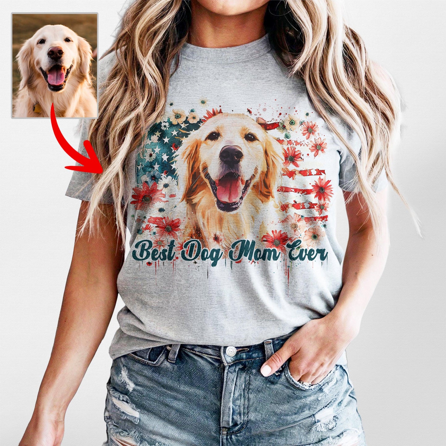 Flora Custom Dogface with America Flag T-Shirt, custom pet portrait gift for pet lovers (view 3)