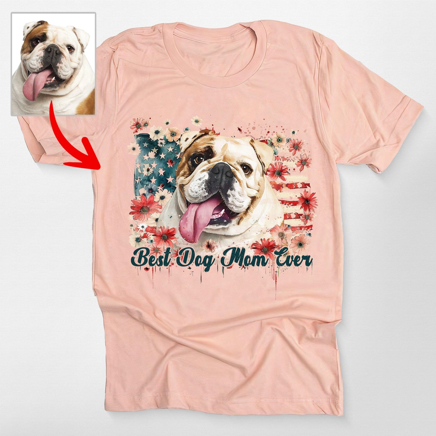 Flora Custom Dogface with America Flag T-Shirt, custom pet portrait gift for pet lovers (view 2)