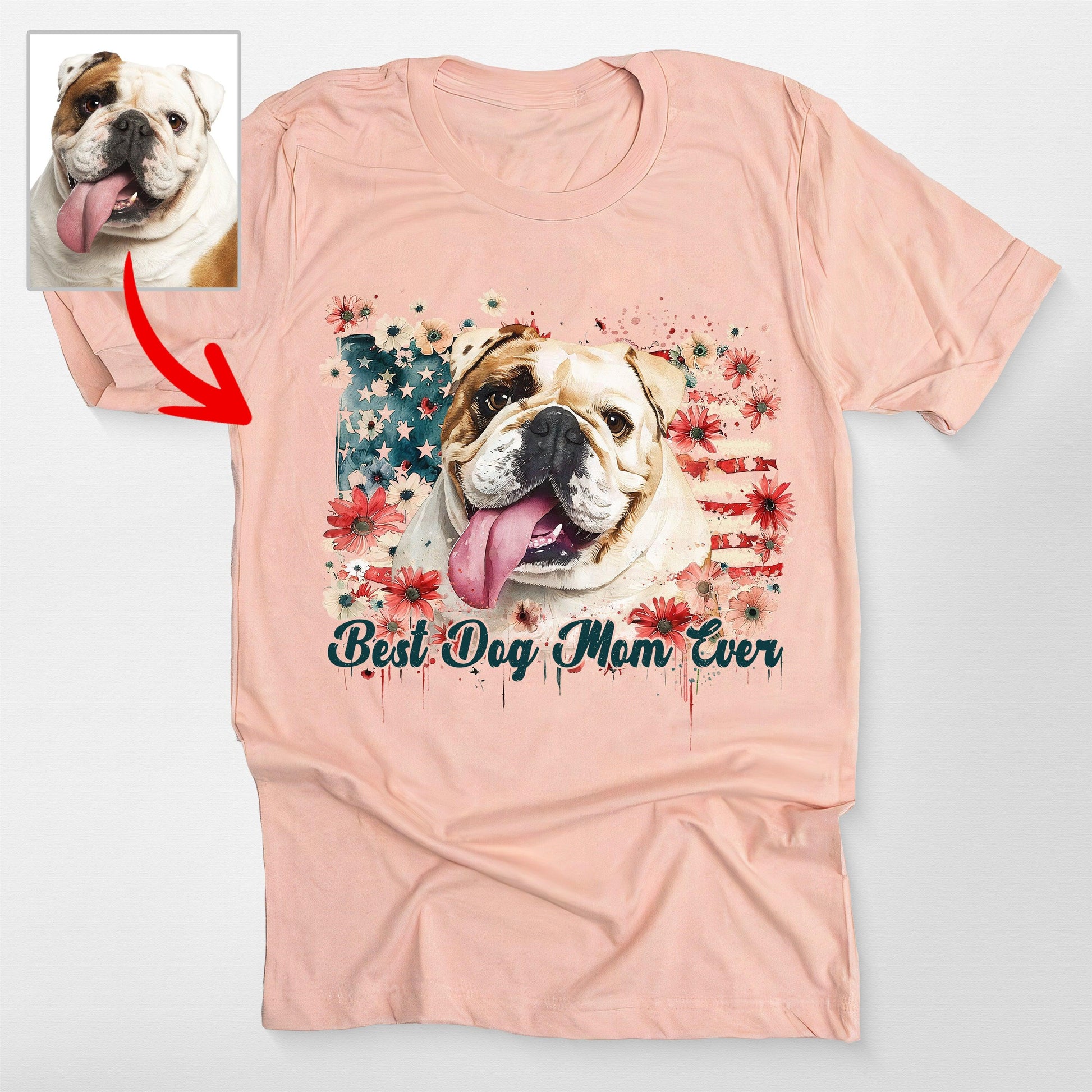 Flora Custom Dogface with America Flag T-Shirt, custom pet portrait gift for pet lovers (view 2)
