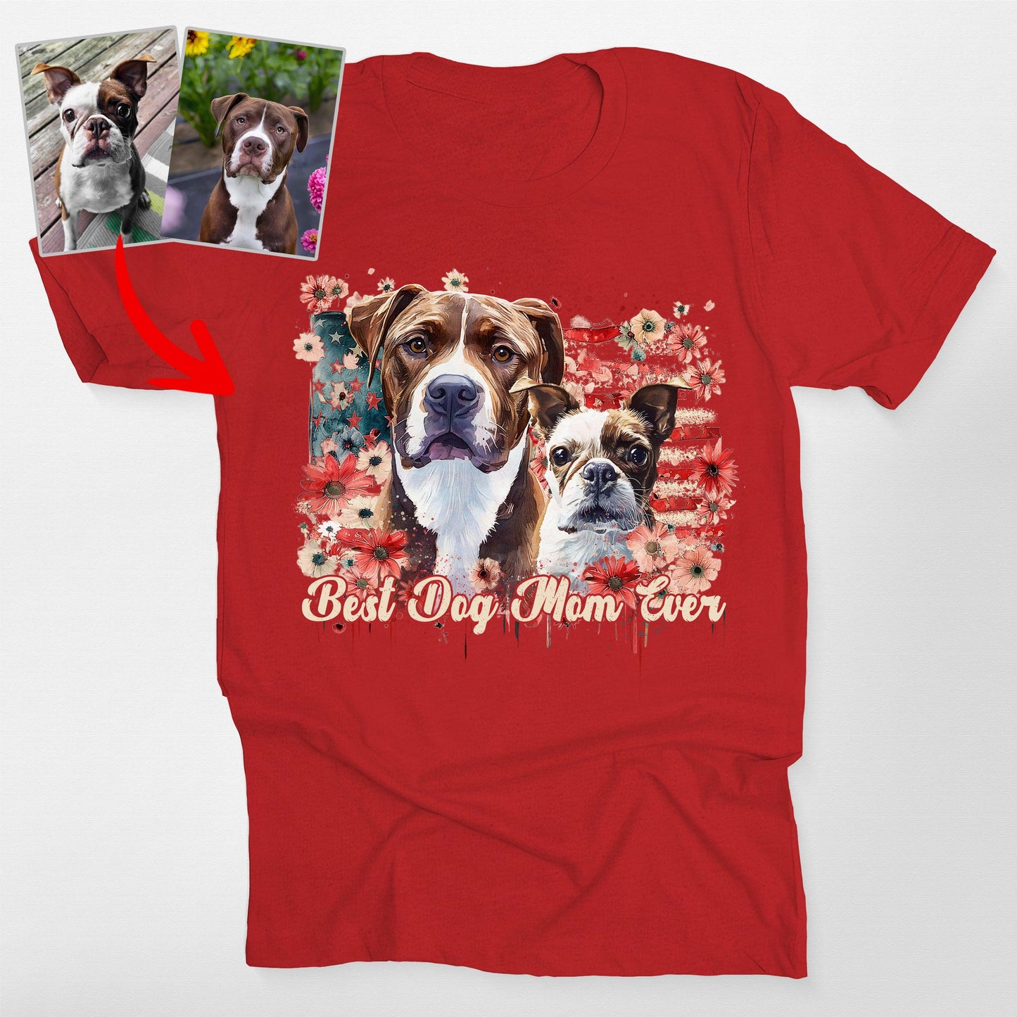 Flora Custom Dogface with America Flag T-Shirt, custom pet portrait gift for pet lovers (view 6)