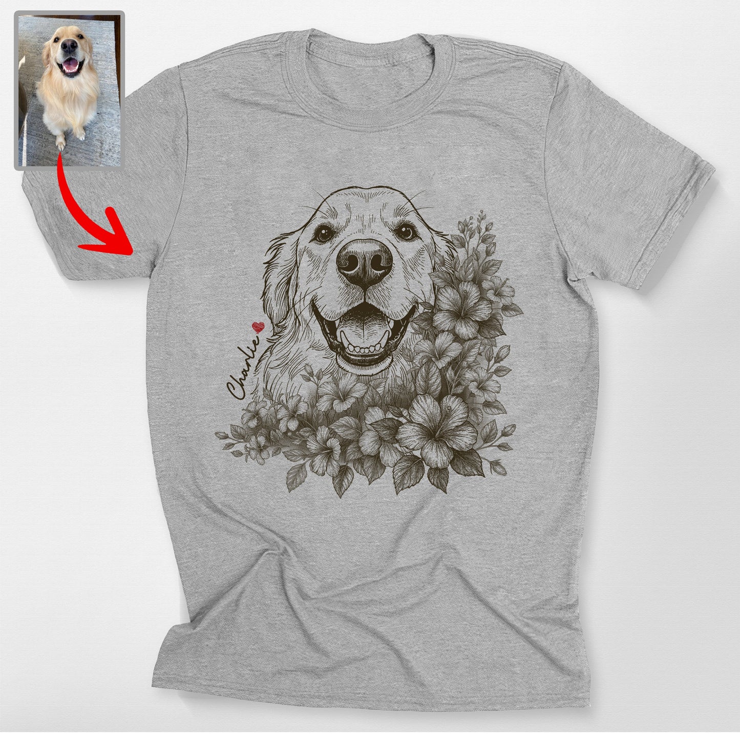 Floral Dog Portrait Bella Canvas T-Shirt Custom, custom pet portrait gift for pet lovers
