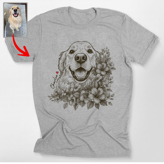 Floral Dog Portrait Bella Canvas T-Shirt Custom, custom pet portrait gift for pet lovers
