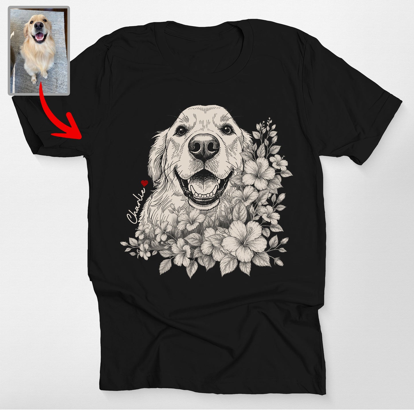 Floral Dog Portrait Bella Canvas T-Shirt Custom, custom pet portrait gift for pet lovers (view 2)