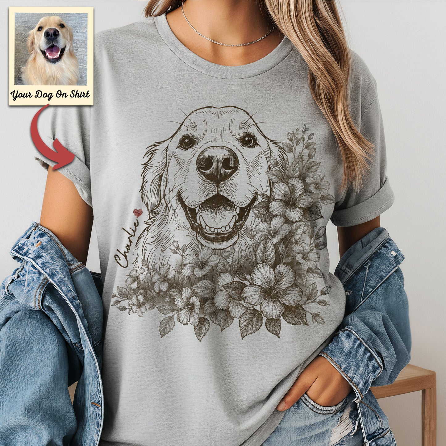 Floral Dog Portrait Bella Canvas T-Shirt Custom, custom pet portrait gift for pet lovers (view 13)