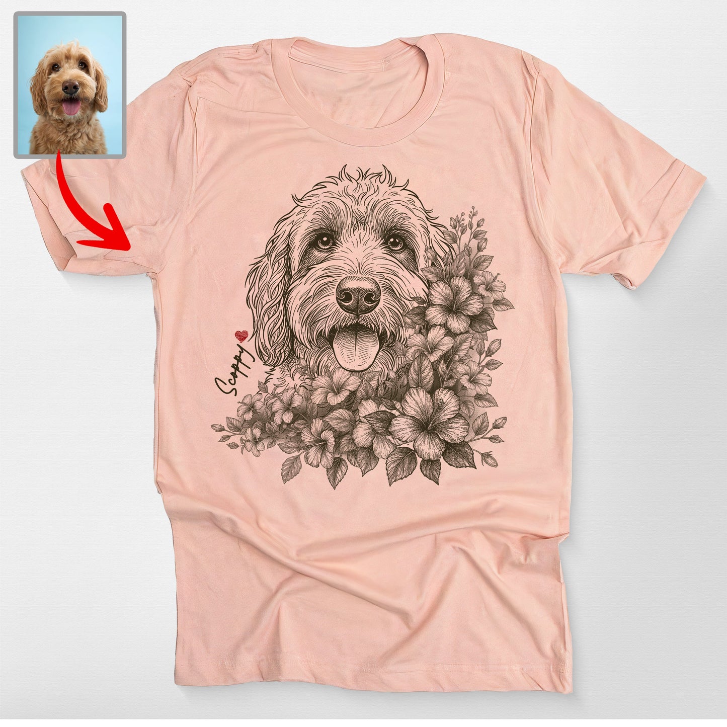 Floral Dog Portrait Bella Canvas T-Shirt Custom, custom pet portrait gift for pet lovers (view 4)